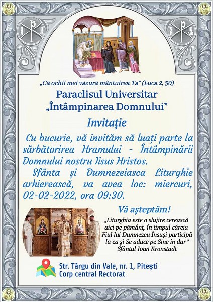 Paraclisul Universitar din Pitești își va prăznui hramul de Întâmpinarea Domnului